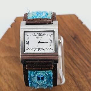 Fossil Women's Silvertone Square Face Beaded Wide Strap Watch Brown Leather Band